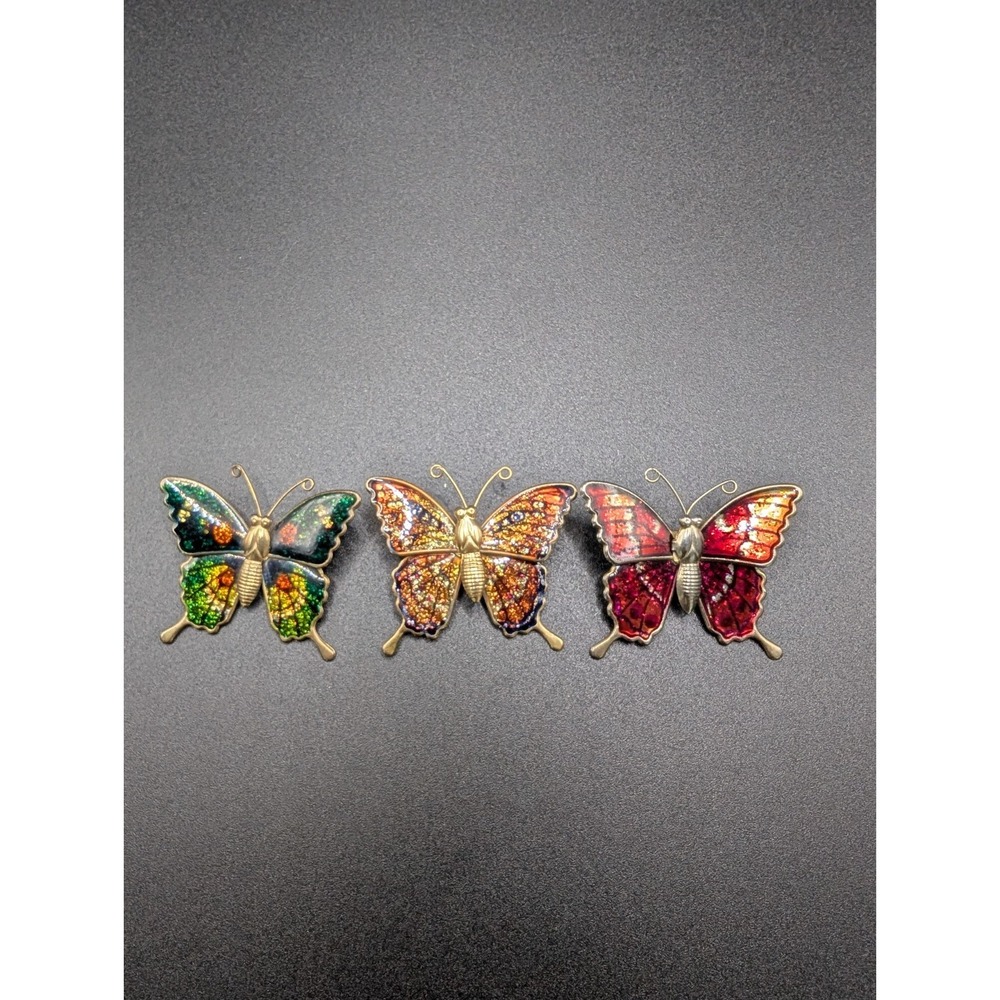 Vintage Glitter Enamel Butterfly Brooch Pin Lot 3 Red Green Orange